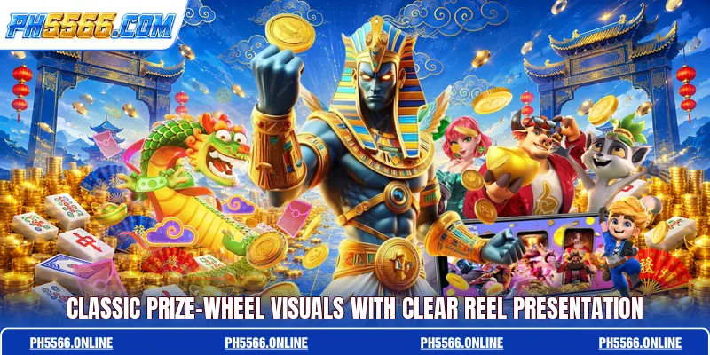 Classic prize-wheel visuals with clear reel presentation