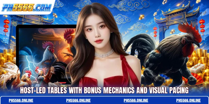 Host-led tables with bonus mechanics and visual pacing
